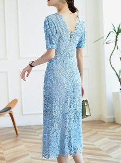 Blue V-neck Lace Openwork Sheath Midi Dress