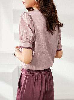 Color-blocked Lapel Pullover Loose Blouse