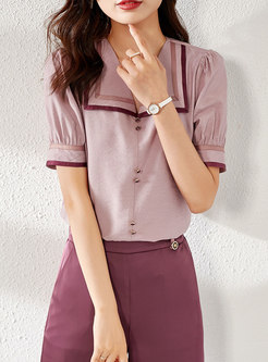 Color-blocked Lapel Pullover Loose Blouse
