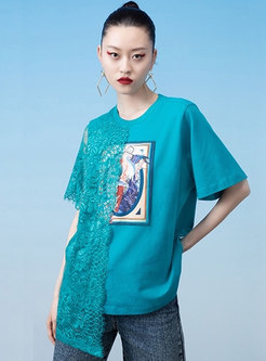 Blue Vintage Print Lace Patchwork T-shirt
