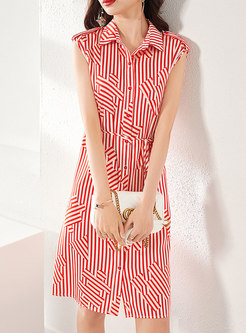 Red Sleeveless Striped Knee-length Shirt Dress