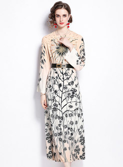 Retro Flare Sleeve Print Belted Maxi Dress
