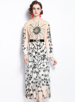 Retro Flare Sleeve Print Belted Maxi Dress