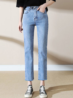 Blue Double Button Washed Straight Jeans