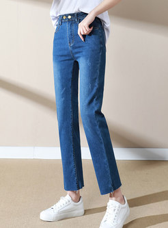 Blue Double Button Washed Straight Jeans