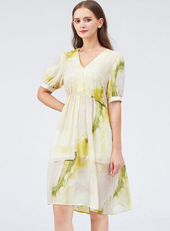 Casual V-neck Silk Spray Dye A Line Dress