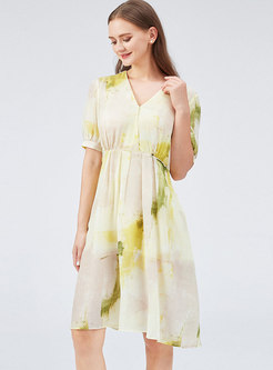 Casual V-neck Silk Spray Dye A Line Dress