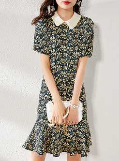 Vintage Floral Turn-down Collar Peplum Dress
