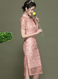Mandarin Collar Lace Openwork Cheongsam Dress