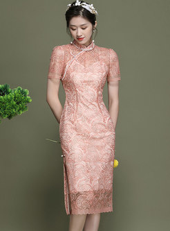 Mandarin Collar Lace Openwork Cheongsam Dress