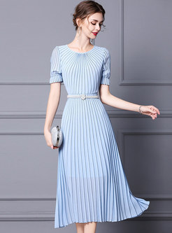 Short Sleeve Striped A Line Pleated Midi Dress