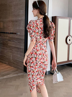 V-neck Print Puff Sleeve Ruched Bodycon Dress