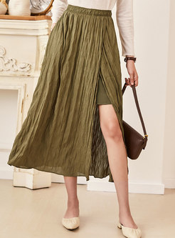 Khaki High Waisted Split Midi Skirt