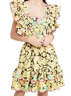 Yellow Floral Square Neck Skater Dress