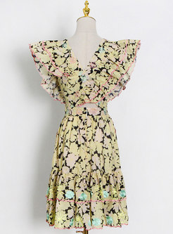 Yellow Floral Square Neck Skater Dress