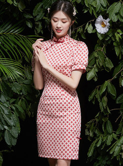 Floral Mock Neck Short Sleeve Cheongsam Dress