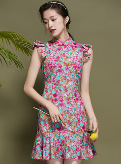 Mock Neck Sleeve Floral Mini Peplum Dress