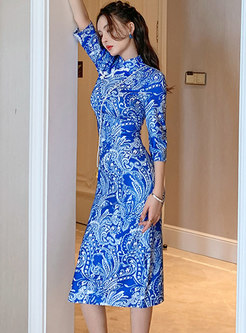 Retro Mandarin Collar Sheath Print Cheongsam Dress