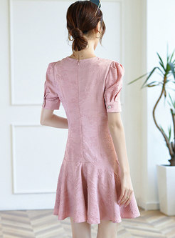 Sweet V-neck Short Sleeve Jacquard Ruched Dress