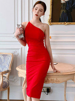 Red One Shoulder Sleeveless Cocktail Dress