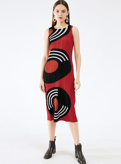 Casual Sleeveless Geometric Pattern Pleated Dress