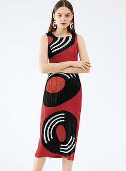 Casual Sleeveless Geometric Pattern Pleated Dress