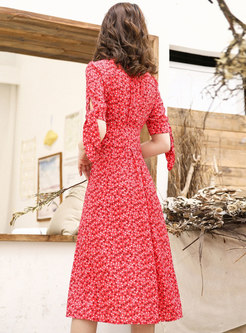 Vintage Red Floral V-neck A Line Dress