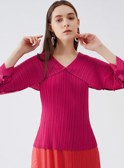 Rose V-neck Long Sleeve Pullover Pleated Blouse