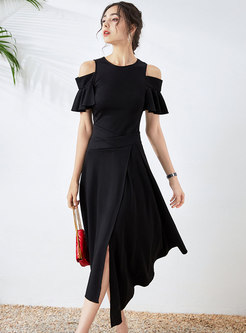 Black Cold Shoulder Irregular Maxi Dress