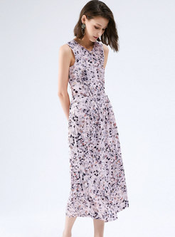 Casual V-neck Sleeveless Print Pleated Dress