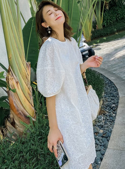 White 3/4 Sleeve Openwork Embroidered Shift Dress