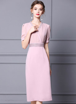 Pink V-neck Cinched Waist Rhinestone Bodycon Dress