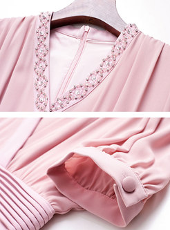 Pink V-neck Cinched Waist Rhinestone Bodycon Dress