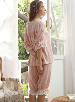 Court Square Neck Lace Patchwork Pajama Set