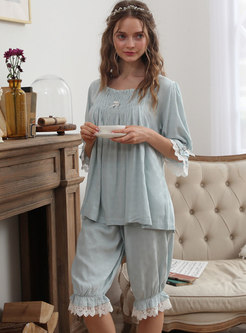 Court Square Neck Lace Patchwork Pajama Set