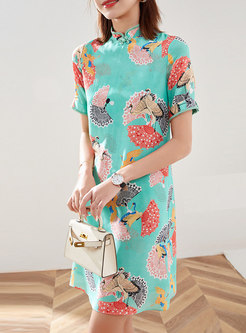 Mandarin Collar Print Mini Shift Dress