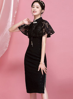 Black Mandarin Collar Cheongsam Dress With Shawl
