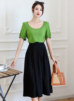 Green Puff Sleeve T-shirt & Black Midi Skirt