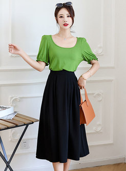 Green Puff Sleeve T-shirt & Black Midi Skirt
