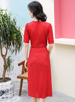 Red V-neck Half Sleeve Vintage Dot Bodycon Dress