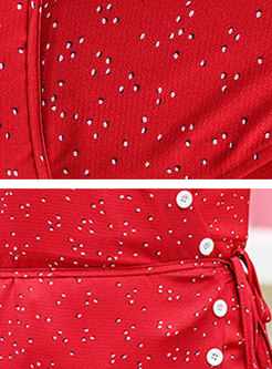 Red V-neck Half Sleeve Vintage Dot Bodycon Dress