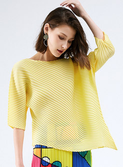 3/4 Sleeve Asymmetric Pullover Pleated T-shirt
