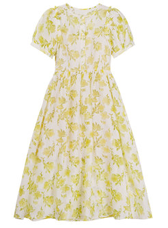 Yellow Print Puff Sleeve Midi Dress