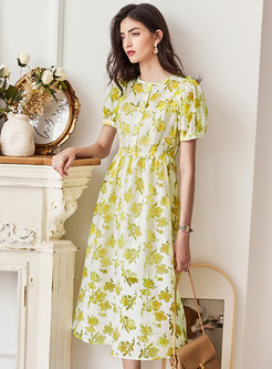 Yellow Print Puff Sleeve Midi Dress