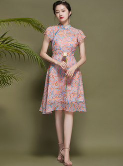 Mandarin Collar Ruffle Sleeve Print Chiffon Skater Dress