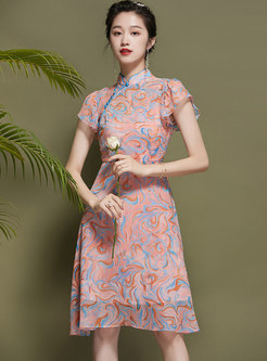 Mandarin Collar Ruffle Sleeve Print Chiffon Skater Dress