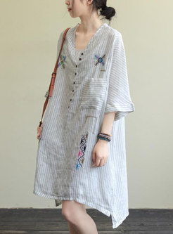Plus Size V-neck Striped Embroidered Shift Dress