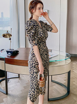 Sexy Puff Sleeve Leopard Ruched Bodycon Dress