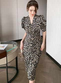 Sexy Puff Sleeve Leopard Ruched Bodycon Dress