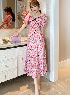 Pink Puff Sleeve Print A Line Maxi Dress
